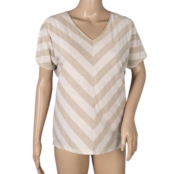 Chicos Linen Minimalist Basic Striped Tee Top Beige Tan Metallic Gold - Picture 1 of 3